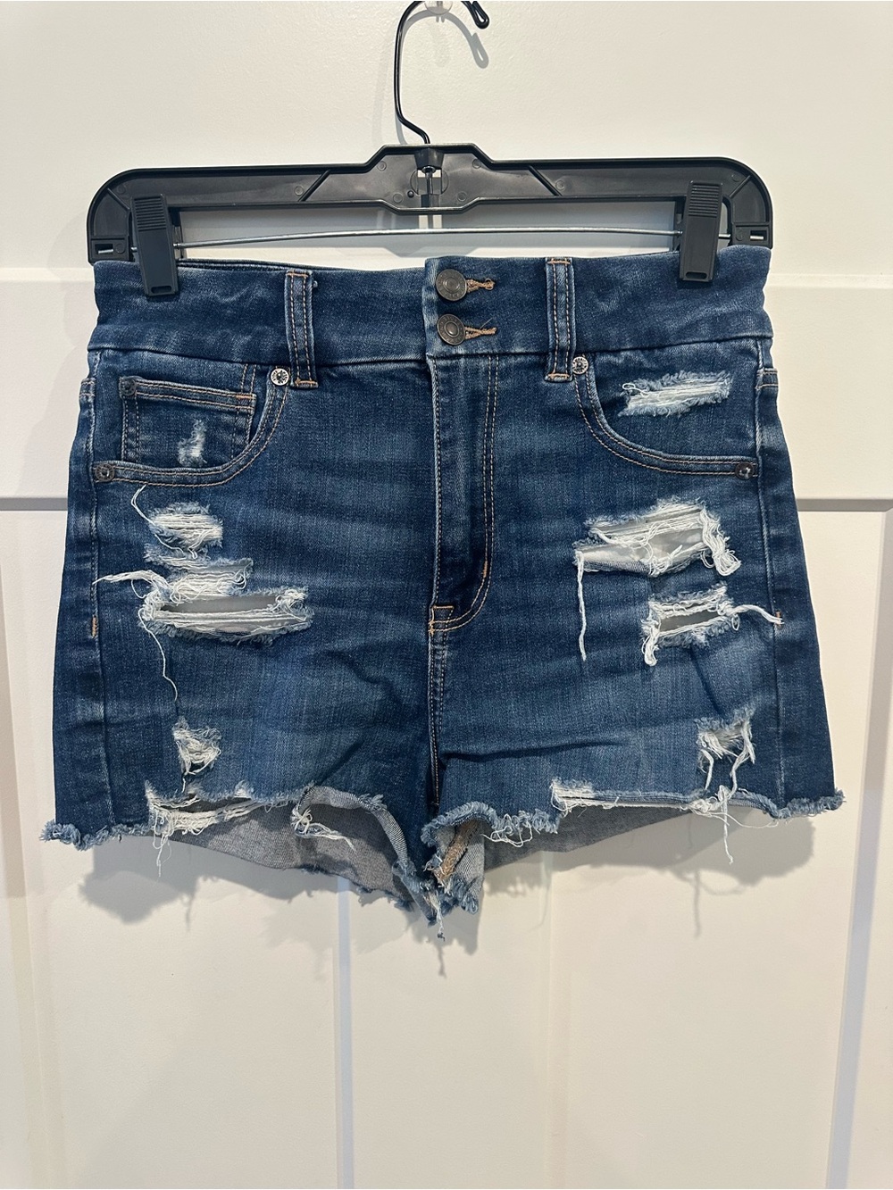 American Eagle Outfitters Distressed Dark Blue High-Rise Denim Shorts